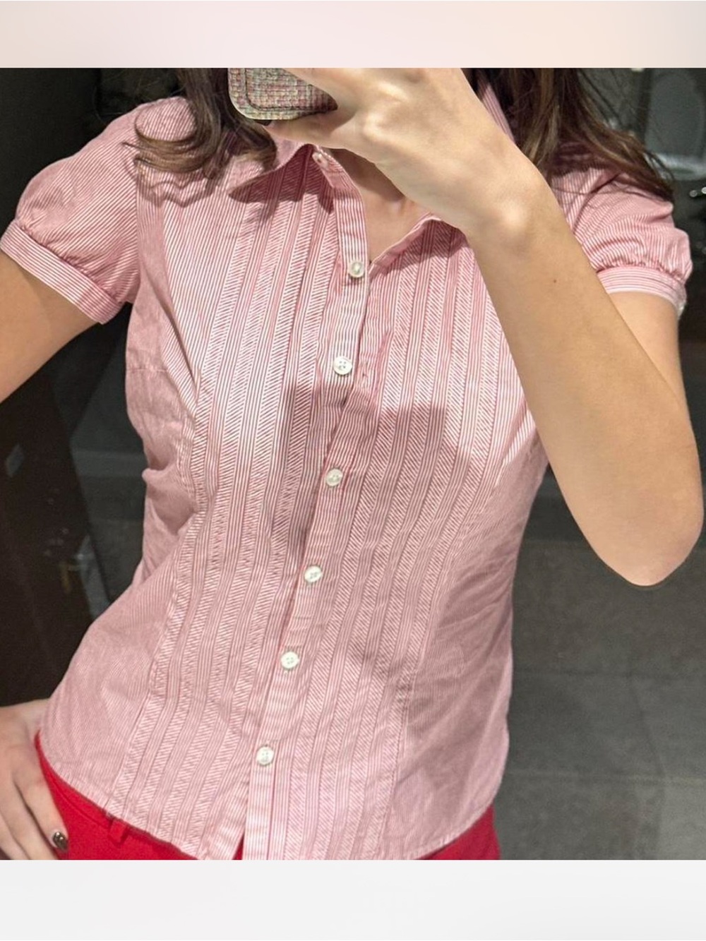LOFT Pink Short-Sleeve Pinstripe Button-Down Shirt